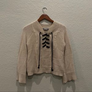 Marled brand black tie front tan chunky sweater